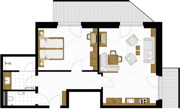 Grundriss einer modernen Wohnung mit Zimmern.