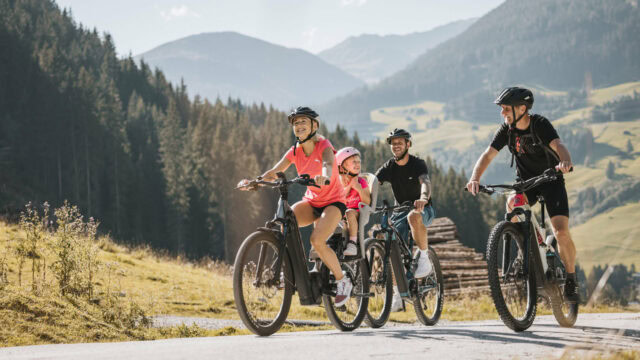 Familie fährt gemeinsam Fahrrad in der Natur